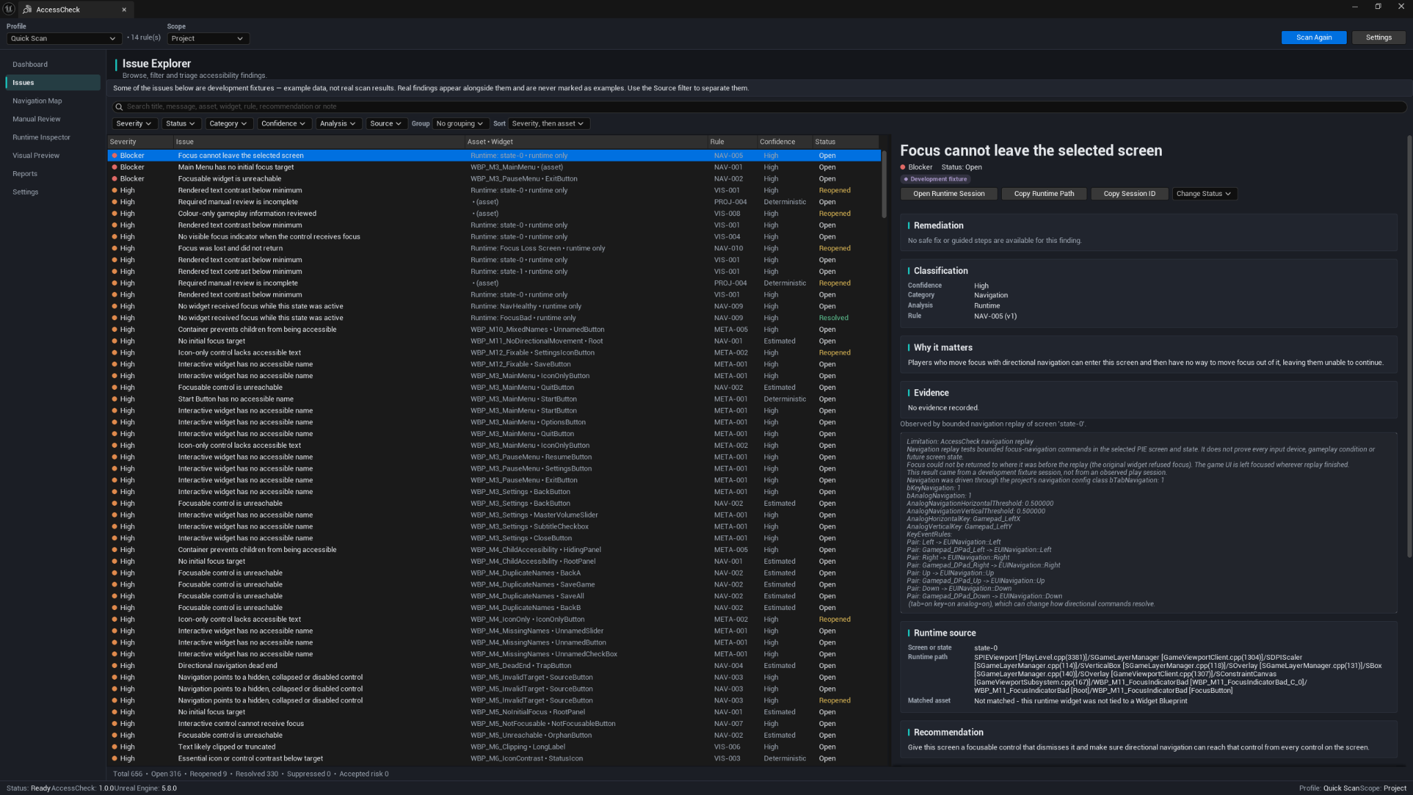 AccessCheck Issue Explorer with filtering, issue rows, and the selected-finding panel