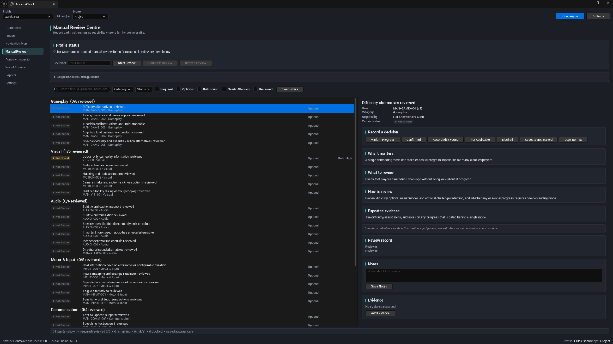 AccessCheck Manual Review Centre showing categorized checks, review actions, guidance, notes, and evidence