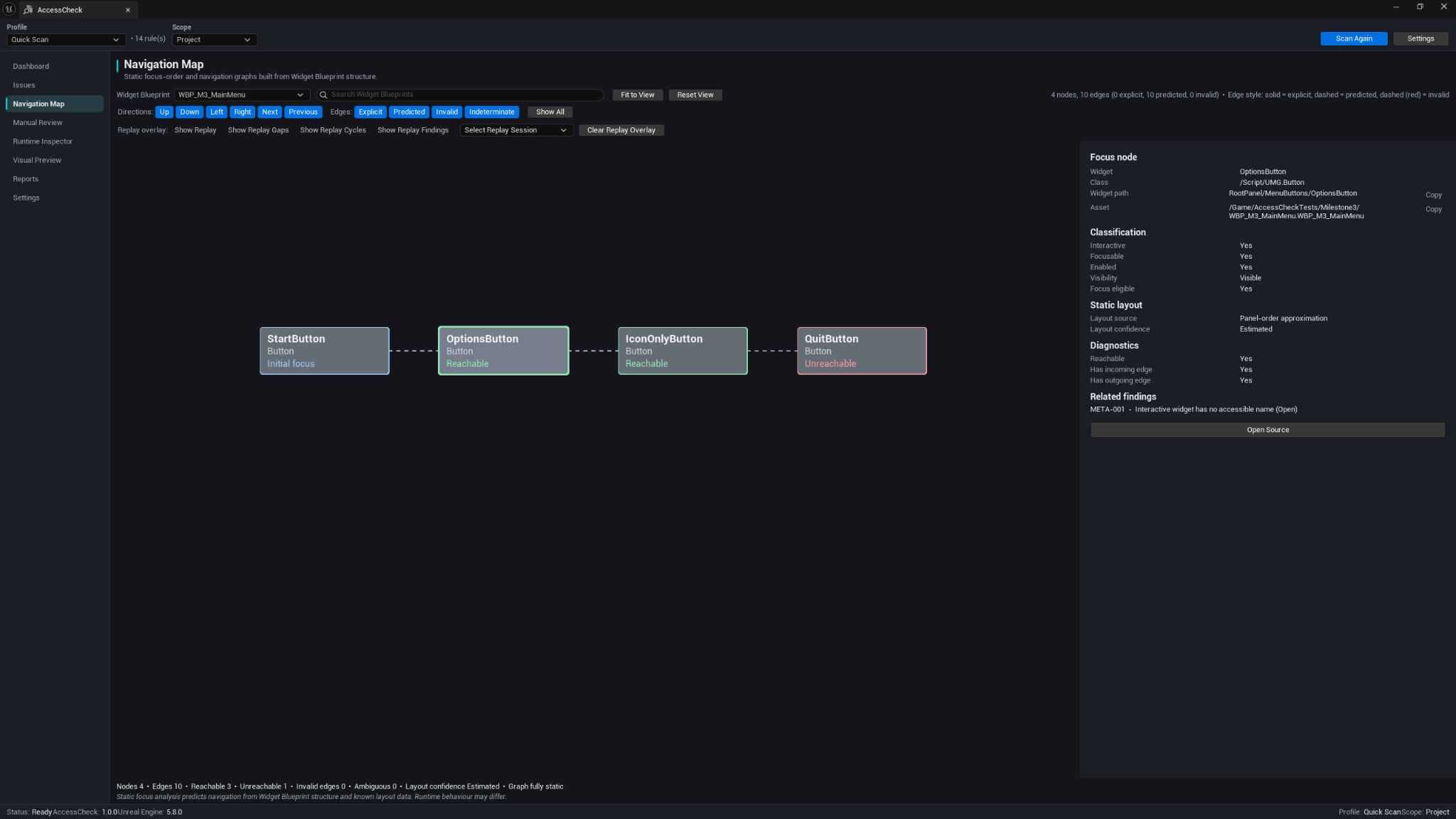 AccessCheck Navigation Map showing focus nodes, predicted navigation, and an unreachable button