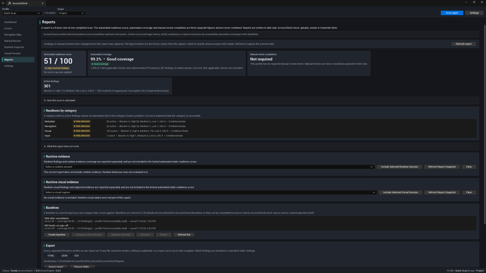 AccessCheck Reports page showing score, coverage, runtime evidence, baselines, and export controls