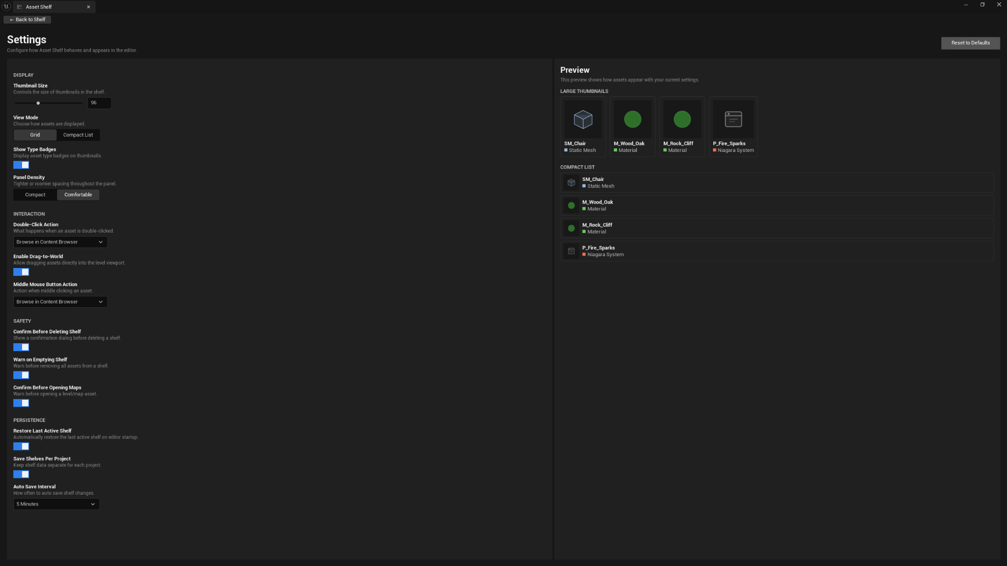 Asset Shelf settings