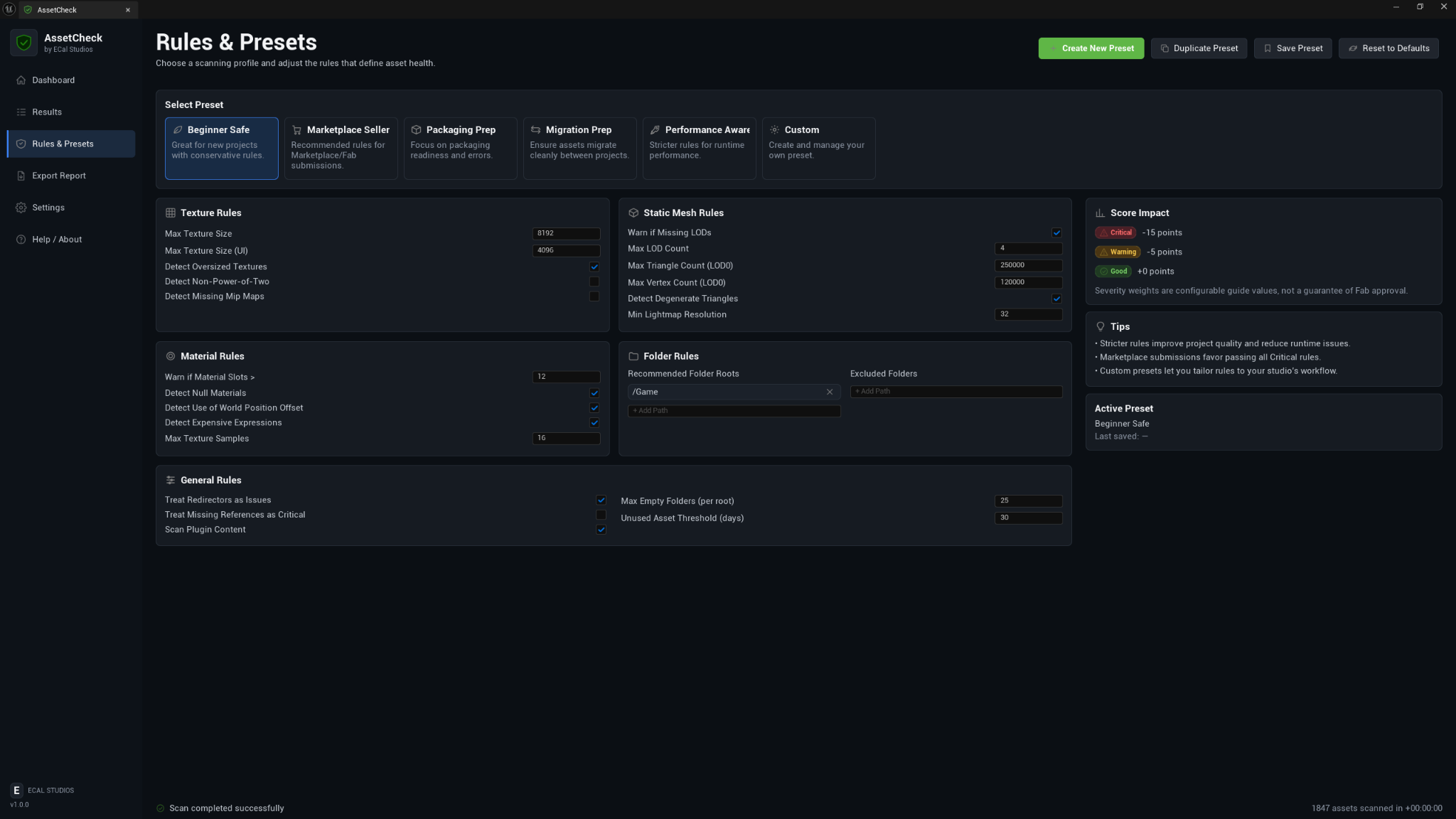 AssetCheck rules and presets