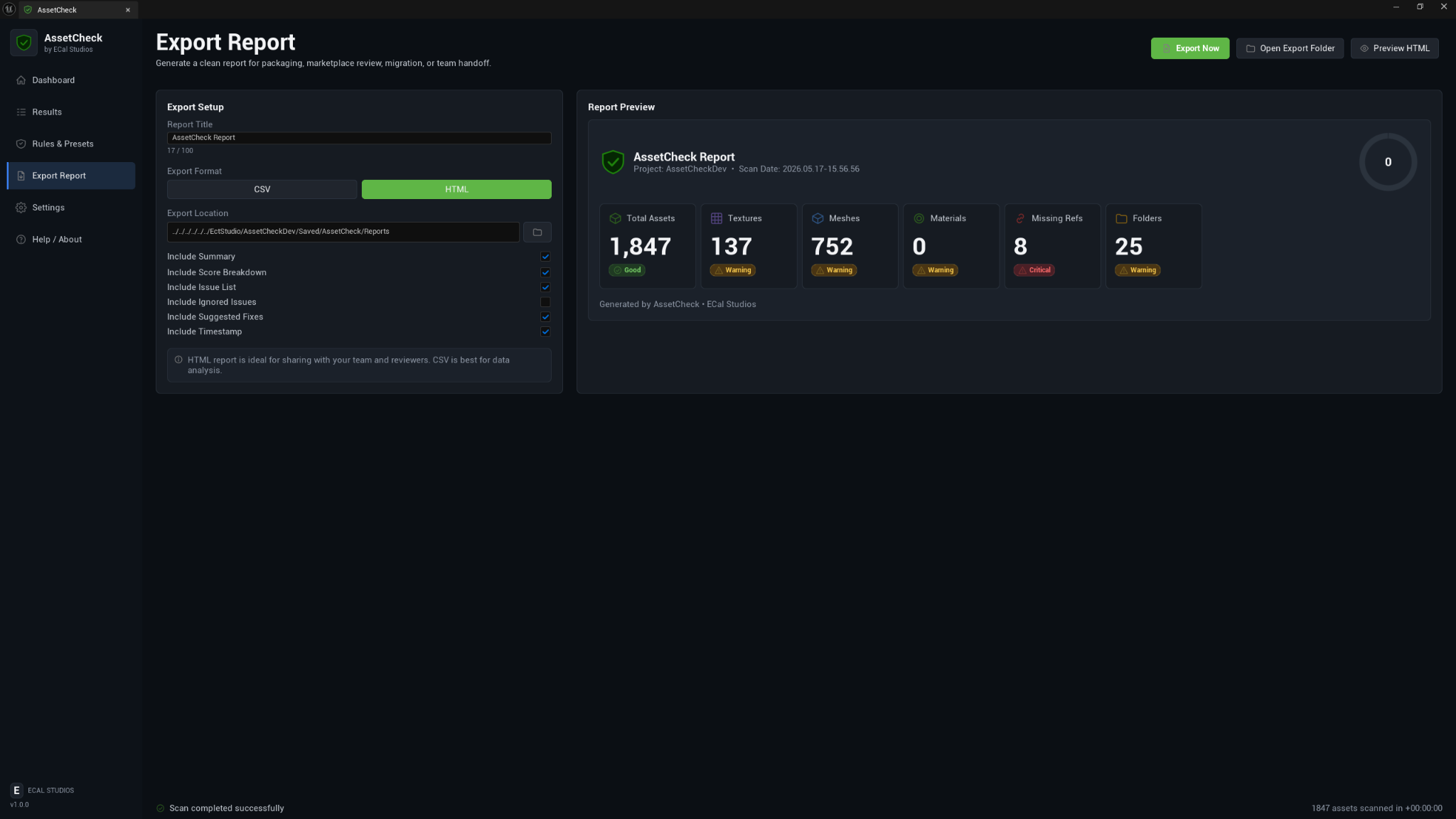 AssetCheck export report