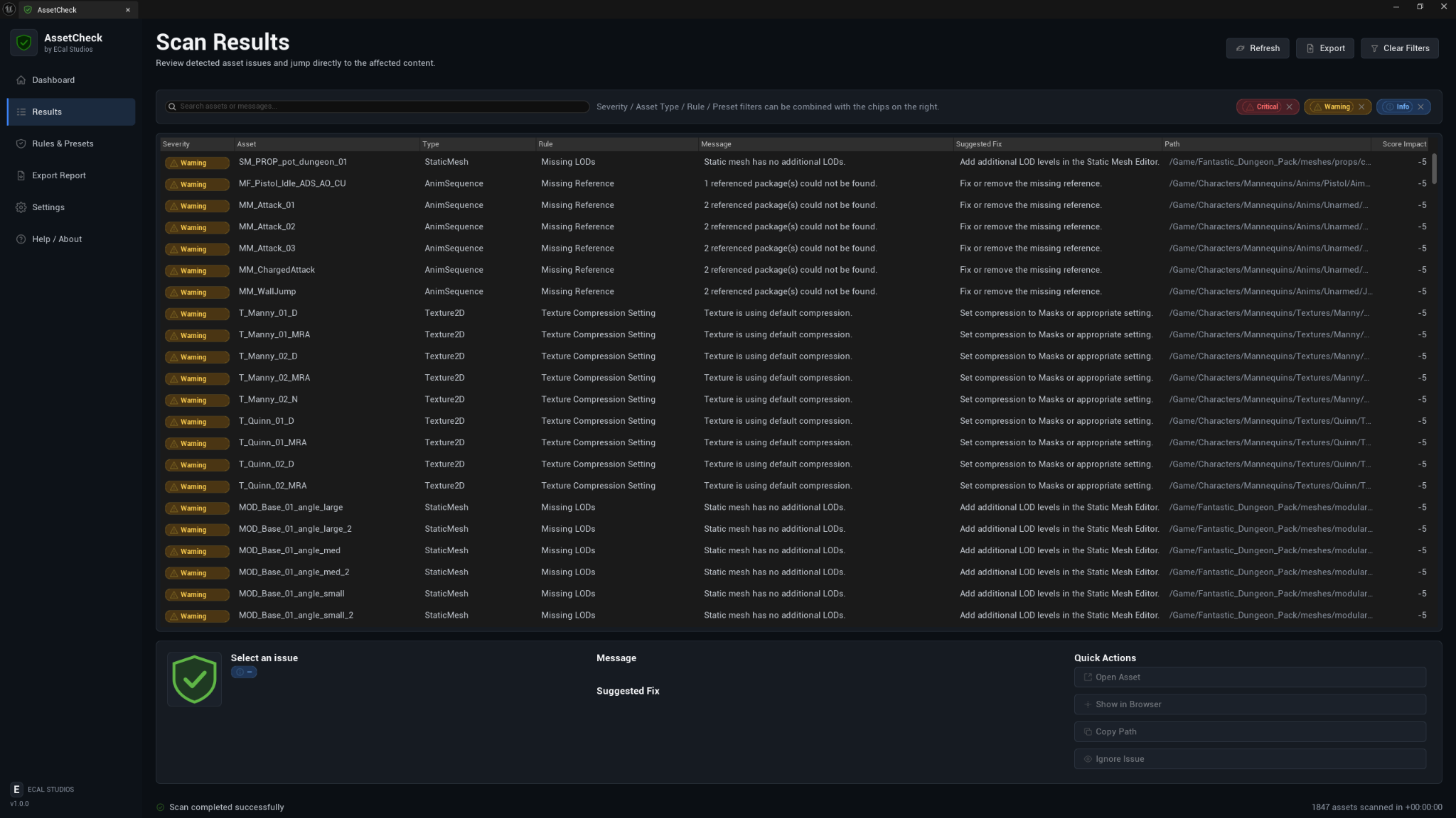 AssetCheck scan results