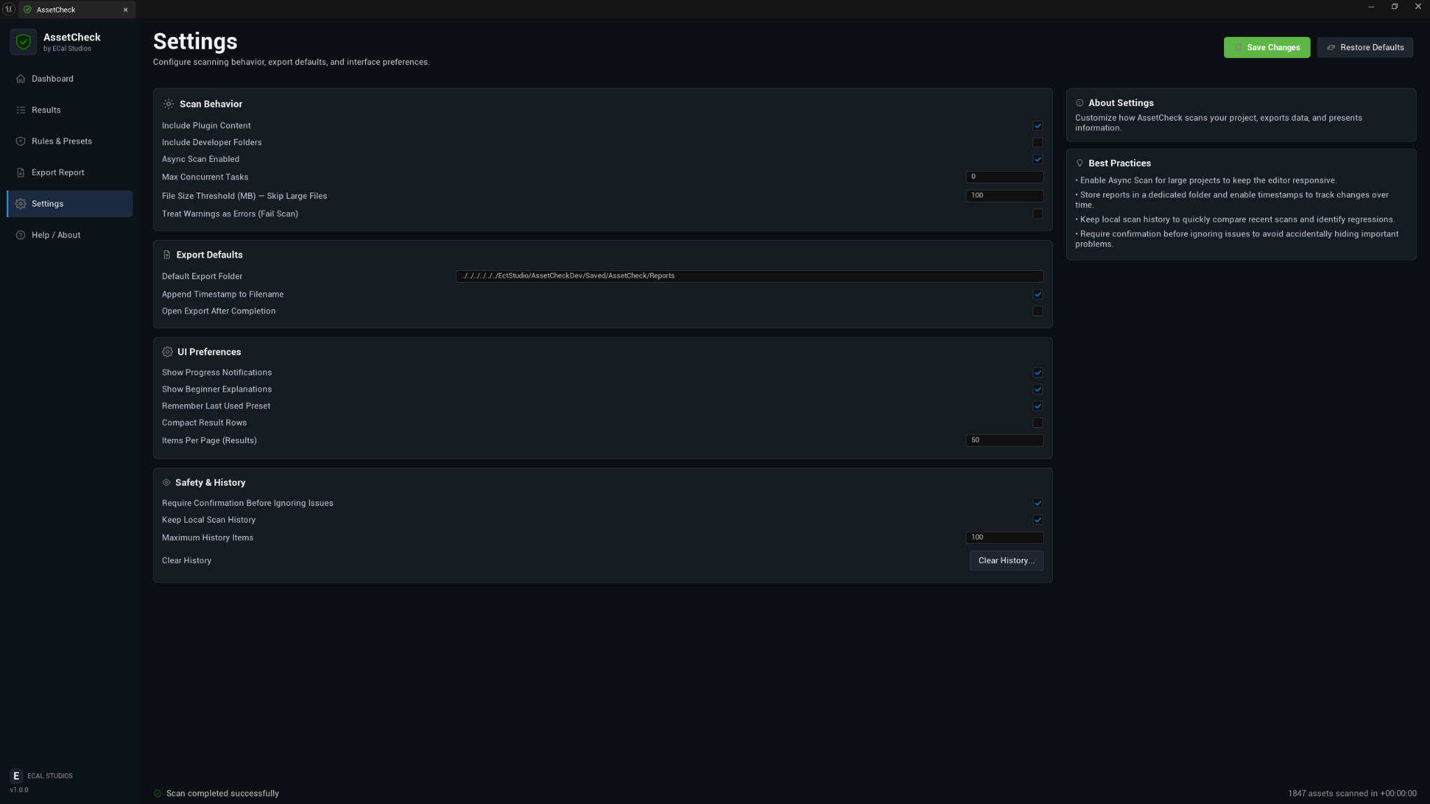 AssetCheck settings
