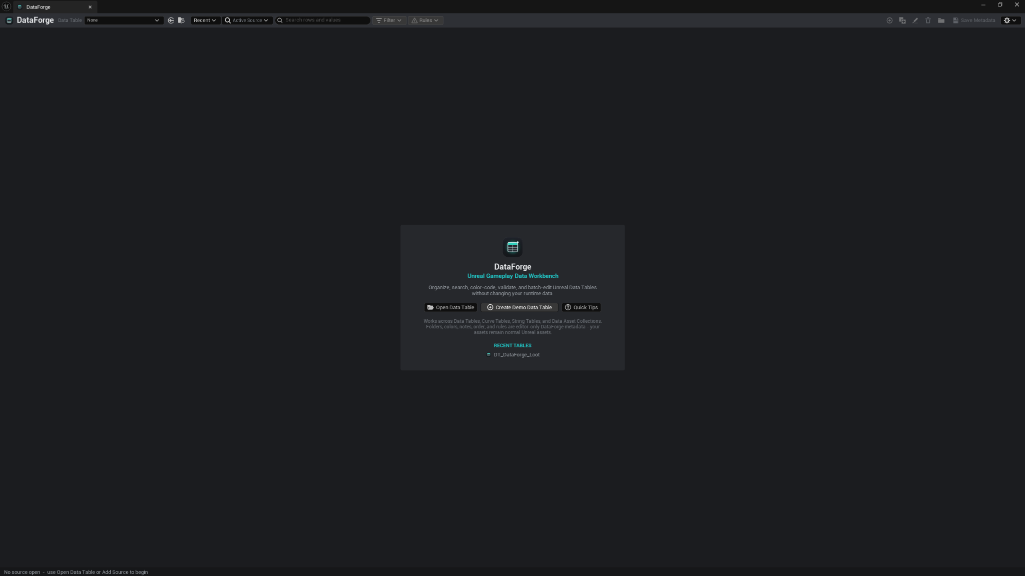 DataForge welcome screen