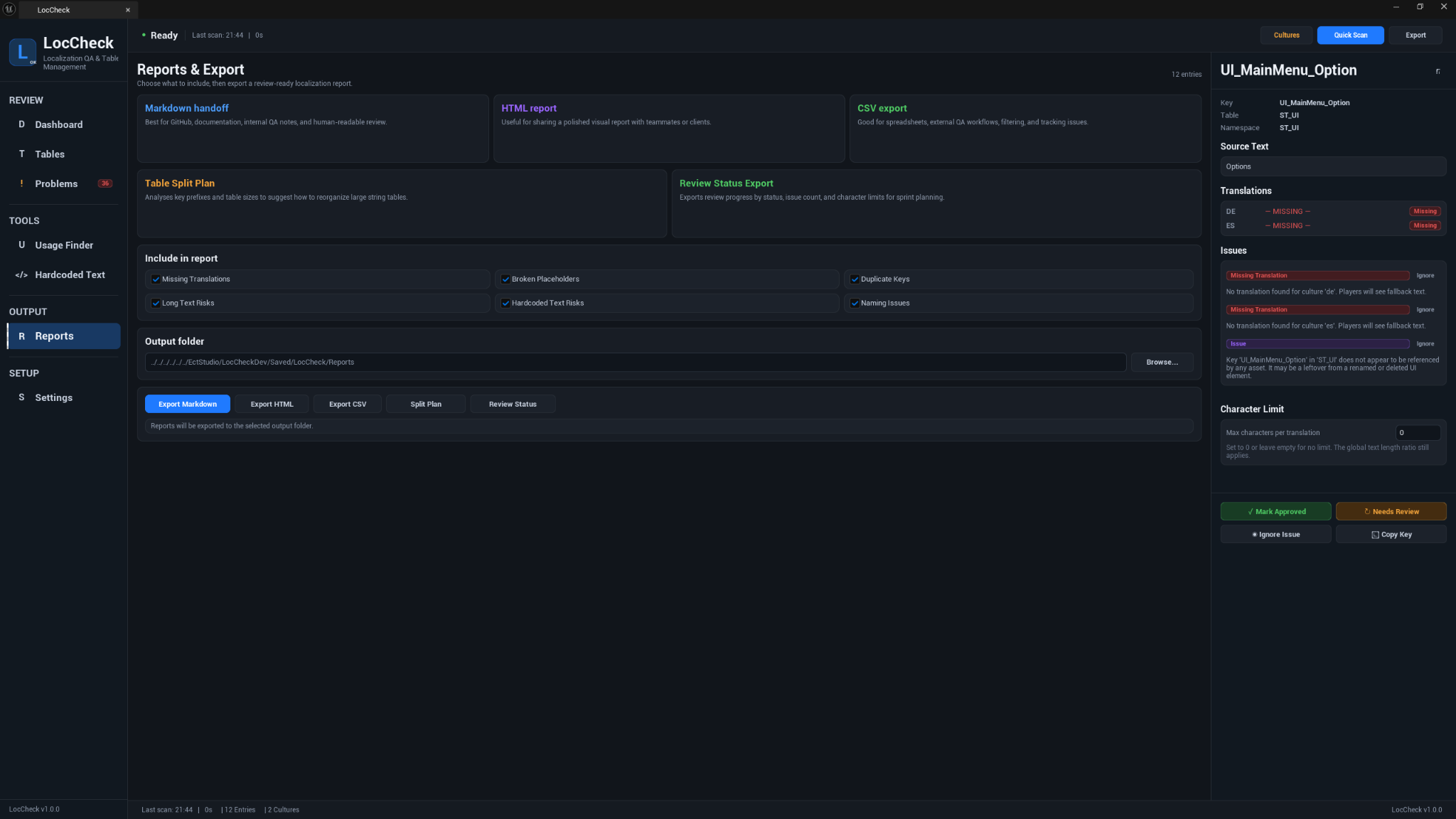 LocCheck reports and export