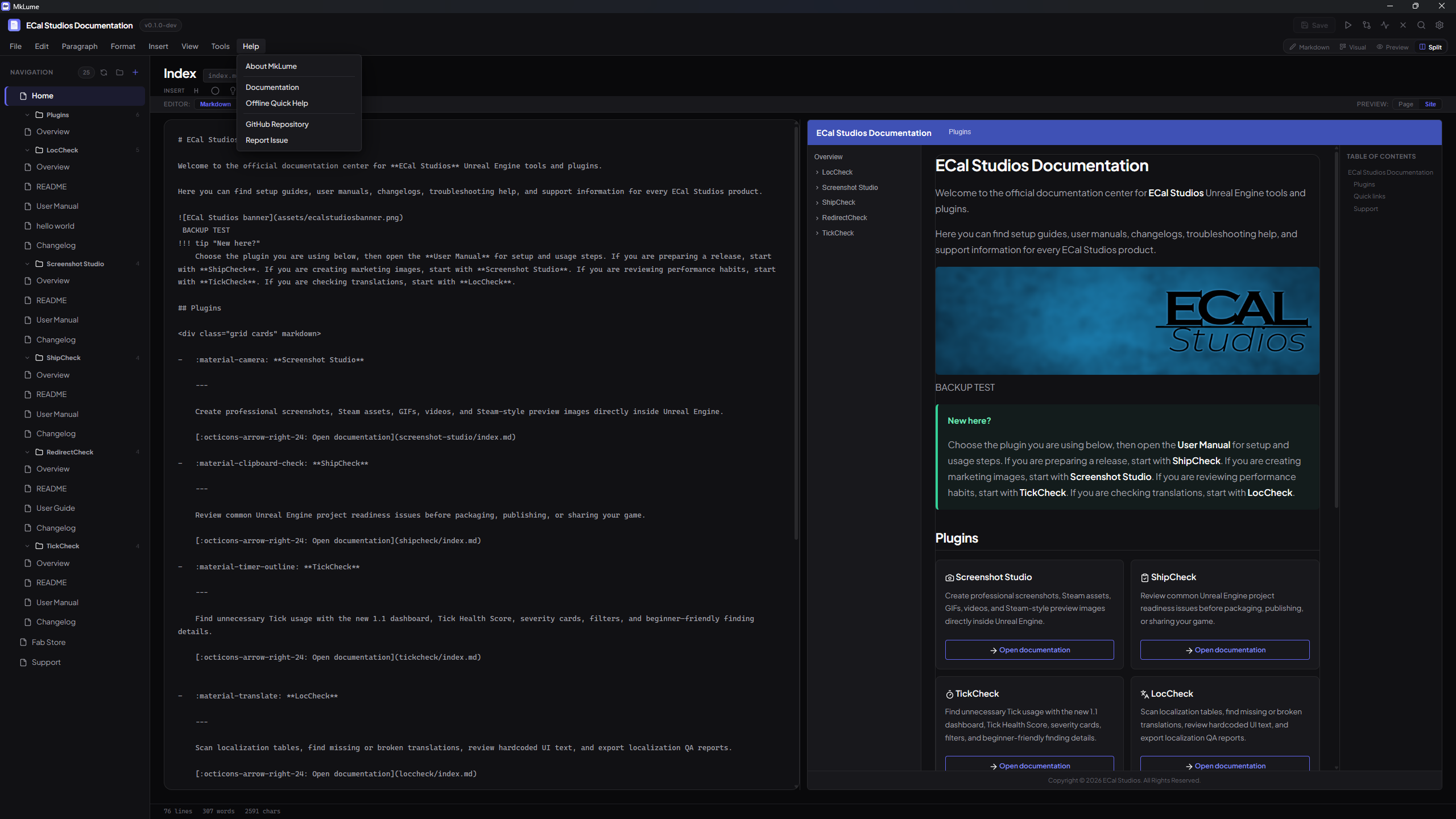 MkLume Help menu with Offline Quick Help option