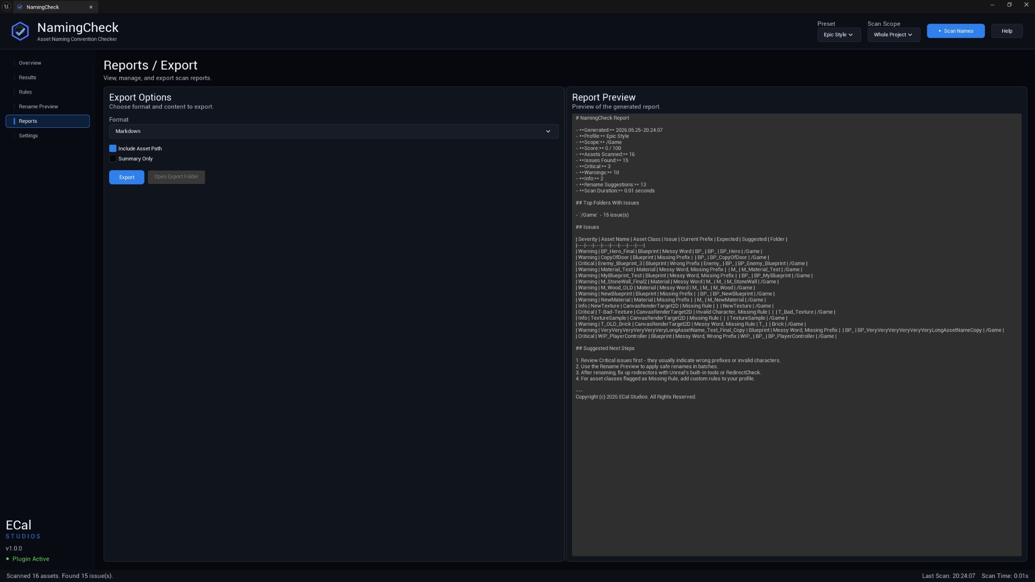 NamingCheck report export