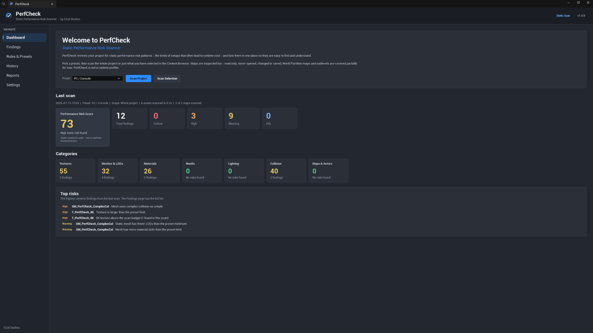 PerfCheck Dashboard showing scan controls and latest results