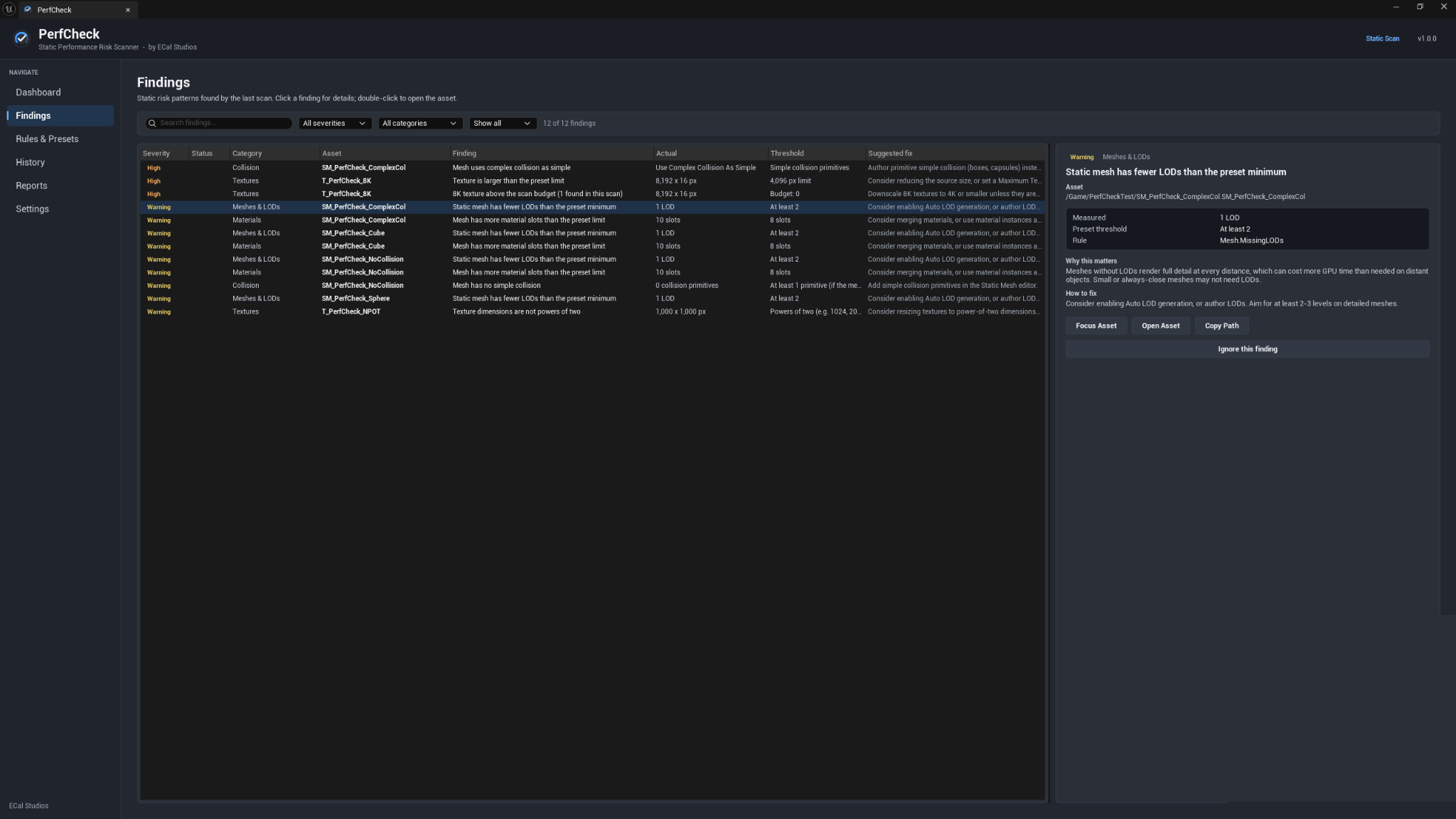 PerfCheck Findings page showing filters, finding rows, and the details panel
