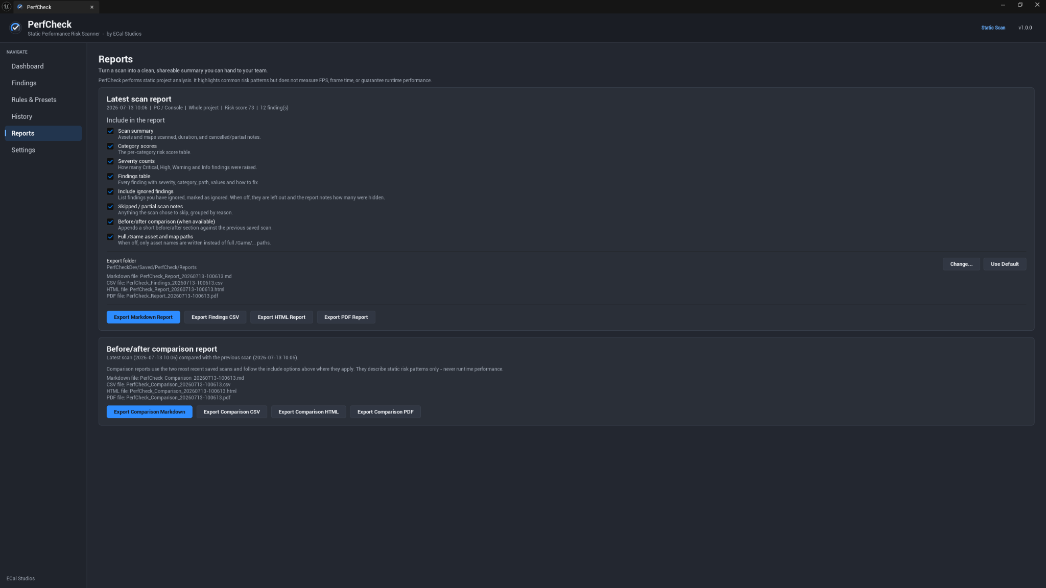 PerfCheck Reports page showing latest-scan and comparison export controls