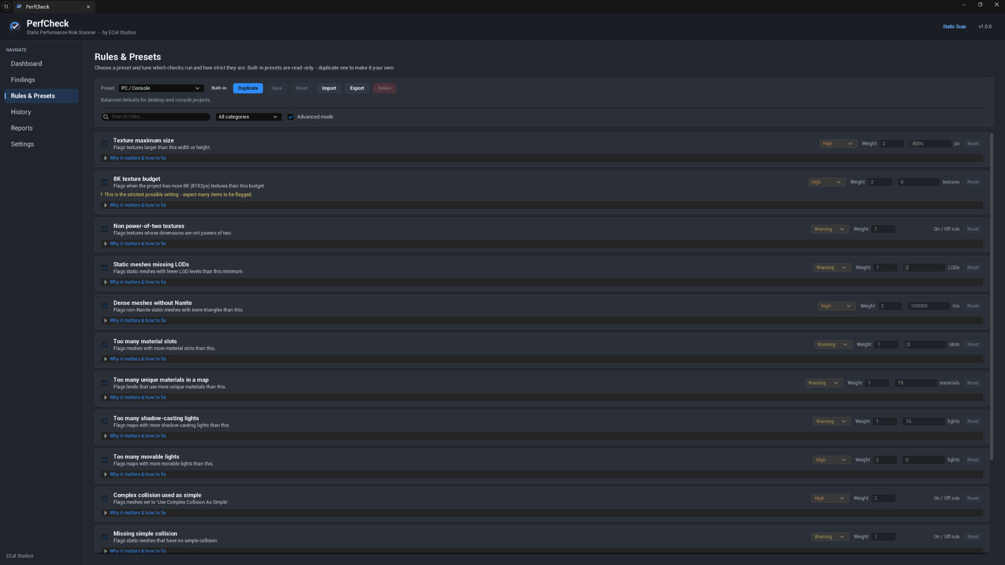 PerfCheck Rules and Presets page showing built-in rules and editable controls