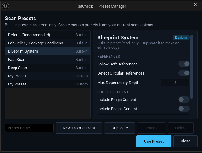 RefCheck preset manager