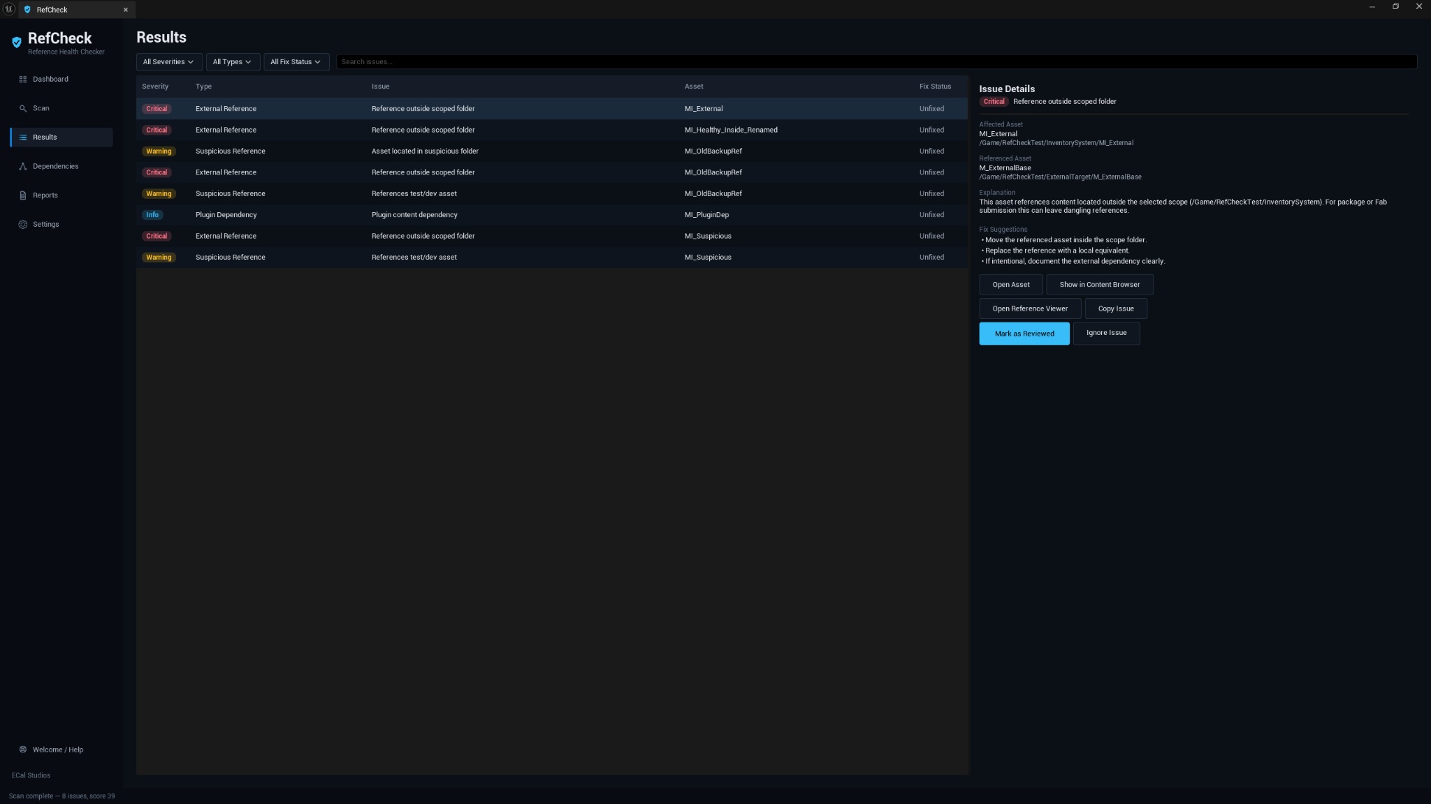 RefCheck results table